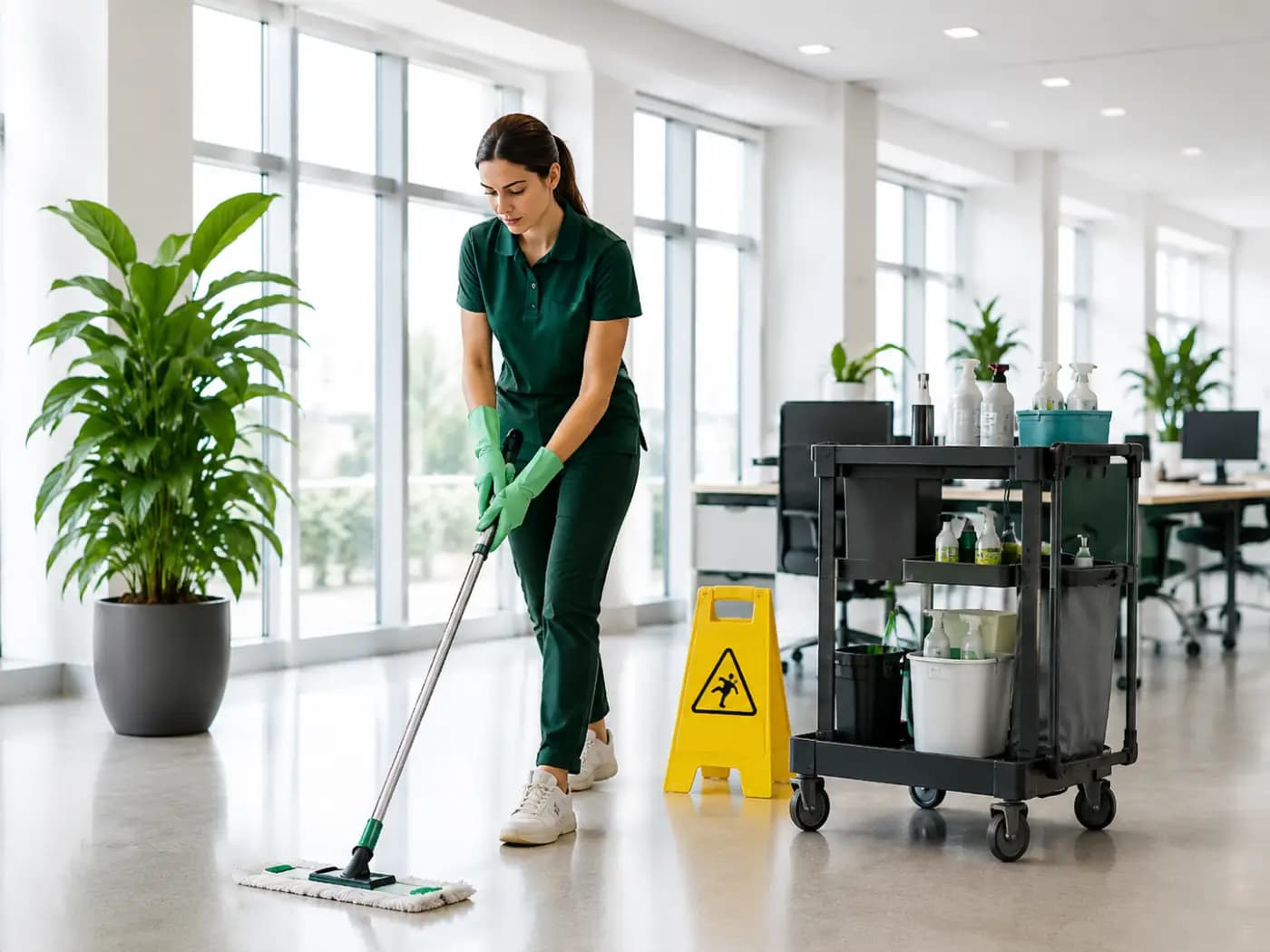 GreenShine Team takarító munkatárs egy világos irodában