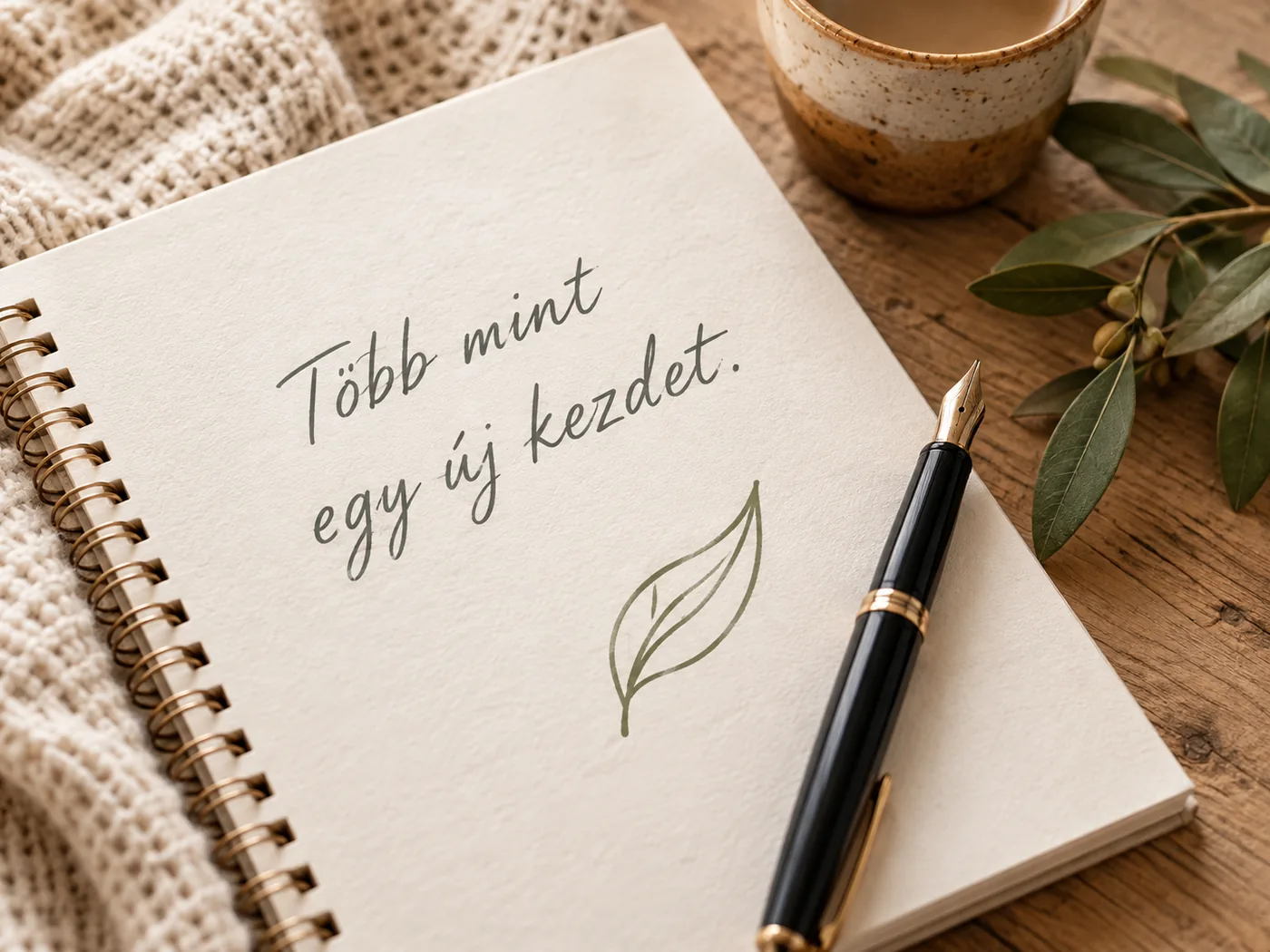 Spirálnotesz „Több mint egy új kezdet.” felirattal, töltőtoll és olajág